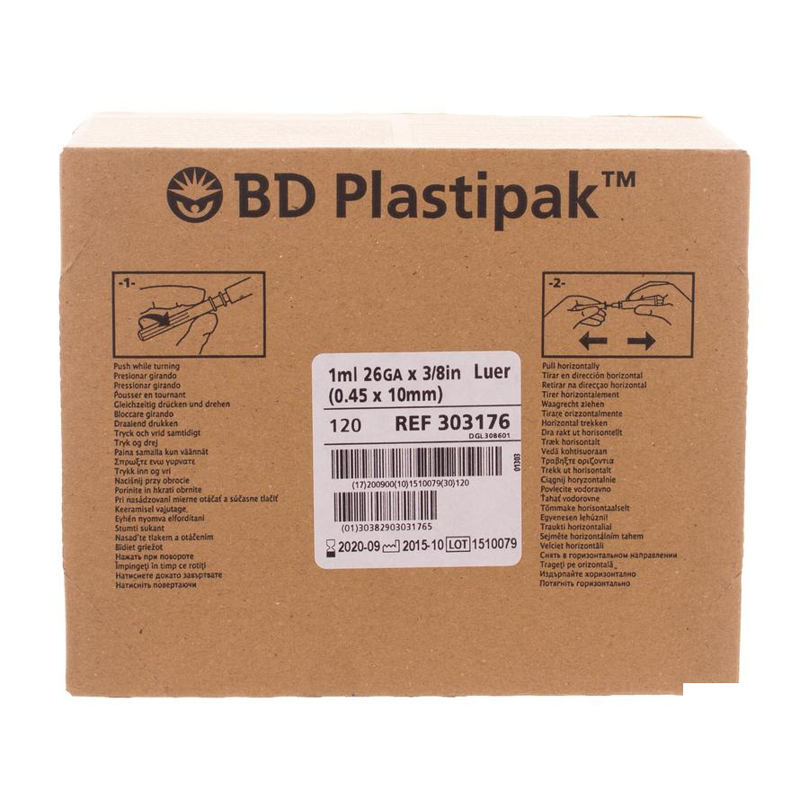 Image of BD Plastipak Spuit + Naald Tuberculine 1ml+26g 3/8 120 Stuks 
