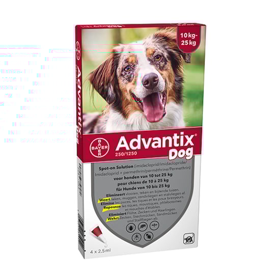 Image of Advantix Hond 10<25kg Bestrijding &amp; Preventie Vlooien/Teken 4x2,5ml 