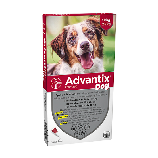 Image of Advantix Hond 10<25kg Bestrijding &amp; Preventie Vlooien/Teken 6x2,5ml 