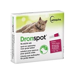 Dronspot 96mg/24mg Solution Spot-On Vermifuge Grands Chats - 5 à 8kg - 2 Pipettes
