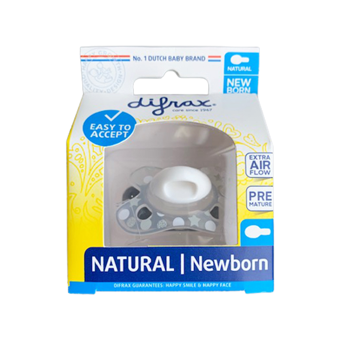 Image of Difrax Fopspeen Natural Newborn - Grijze Sterretjes/Bolletjes - 1 Stuk