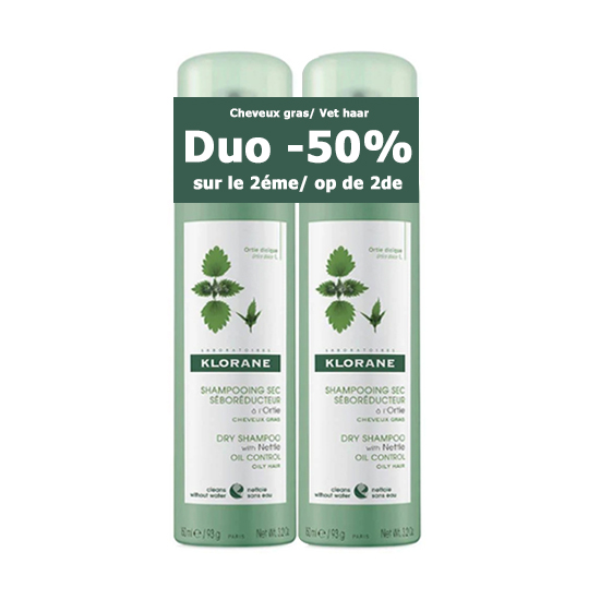 Image of Klorane Droogshampoo Brandnetel Vet Haar Duopack 2x150ml PROMO -2de 50% 