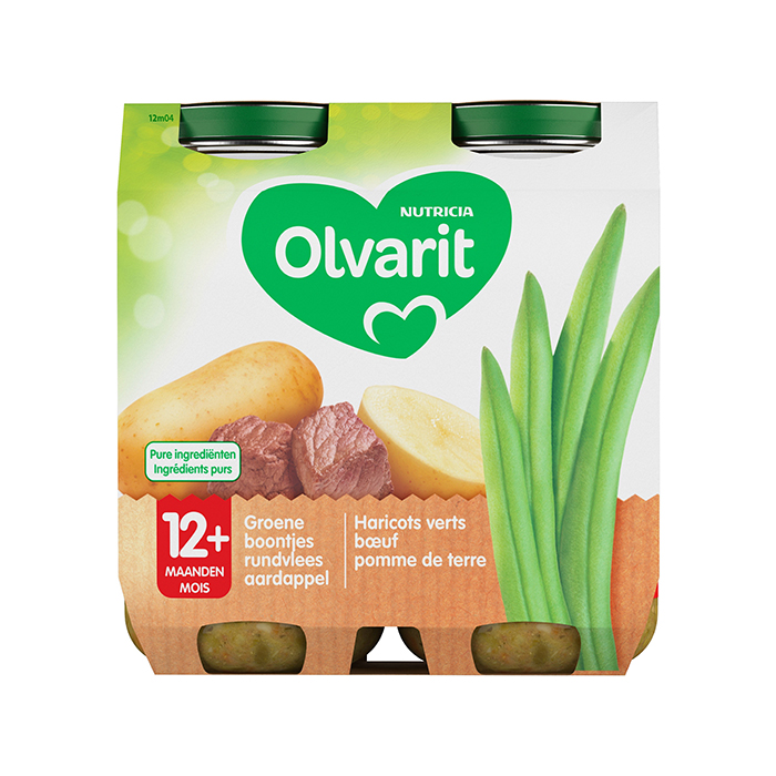 Image of Olvarit Maaltijd Groene Boontjes/ Rundvlees/ Aardappel 12M+ 2x250g 