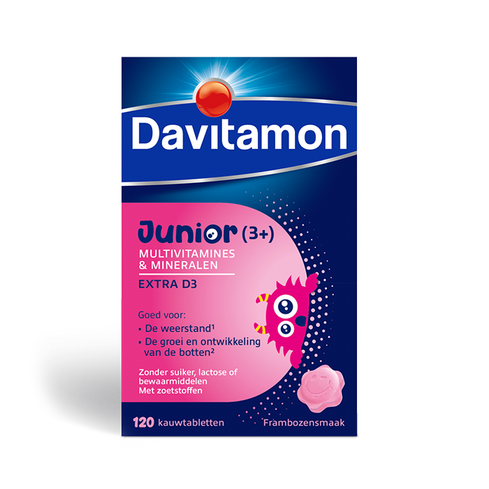 Image of Davitamon Junior Framboos Multivitamines Vanaf 3 Jaar - 120 Tabletten 