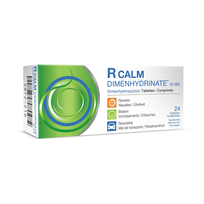 Afbeelding van R Calm Dimenhydrinate Misselijkheid/ Braken/ Reisziekte 24 Tabletten