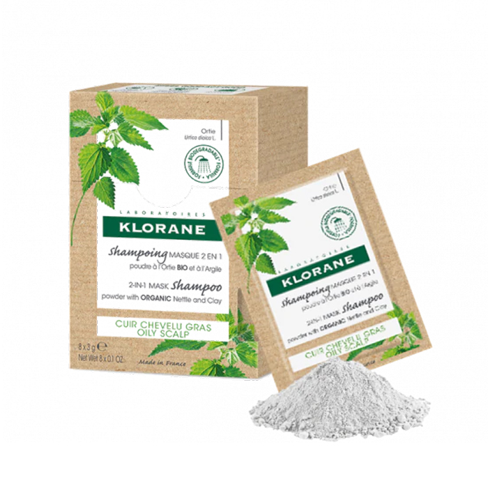 Image of Klorane 2-in-1 Shampoomasker Biologische Brandnetel/ Kleipoeder 8x3g Zakjes 