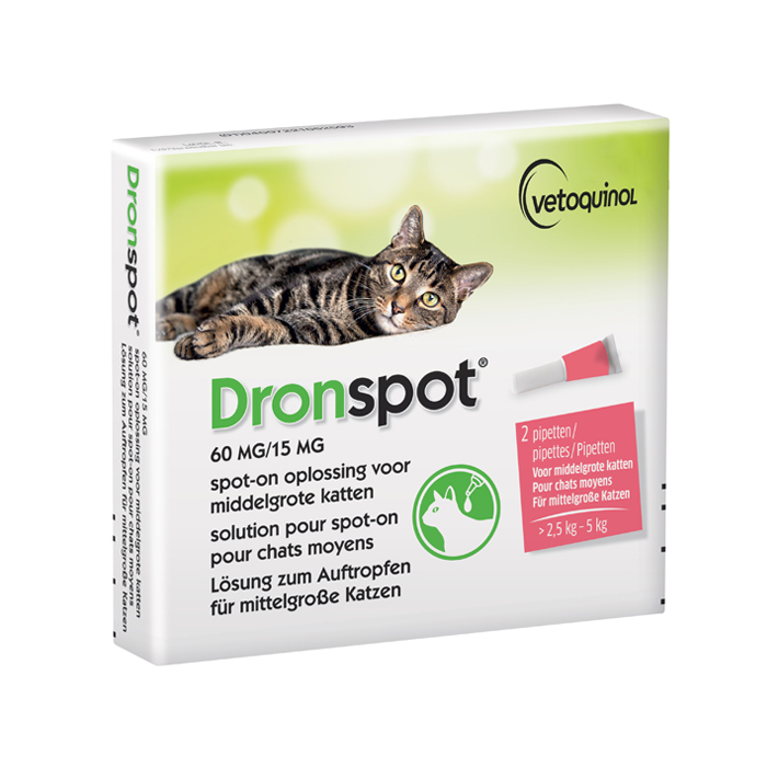 Image of Dronspot Spot-On Ontworming Oplossing - Middelgrote Katten - >2,5-5kg - 2 Pipetten 