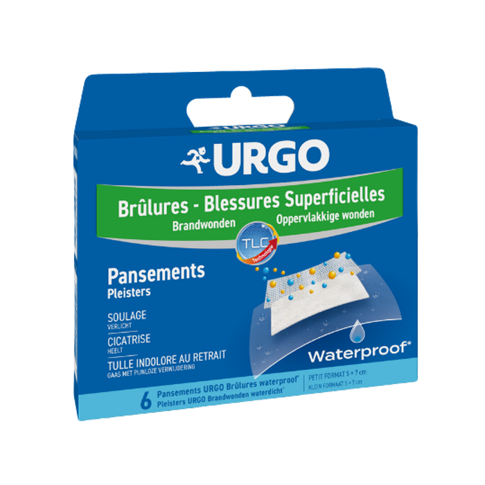 Image of Urgo Waterproof Pleisters Brandwonden/ Oppervlakkige Wonden - 5x7cm - 6 Stuks