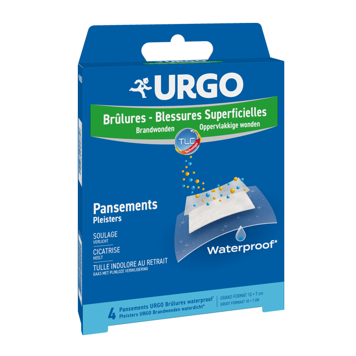 Image of Urgo Waterproof Pleisters Brandwonden/ Oppervlakkige Wonden - 10x7cm - 4 Stuks